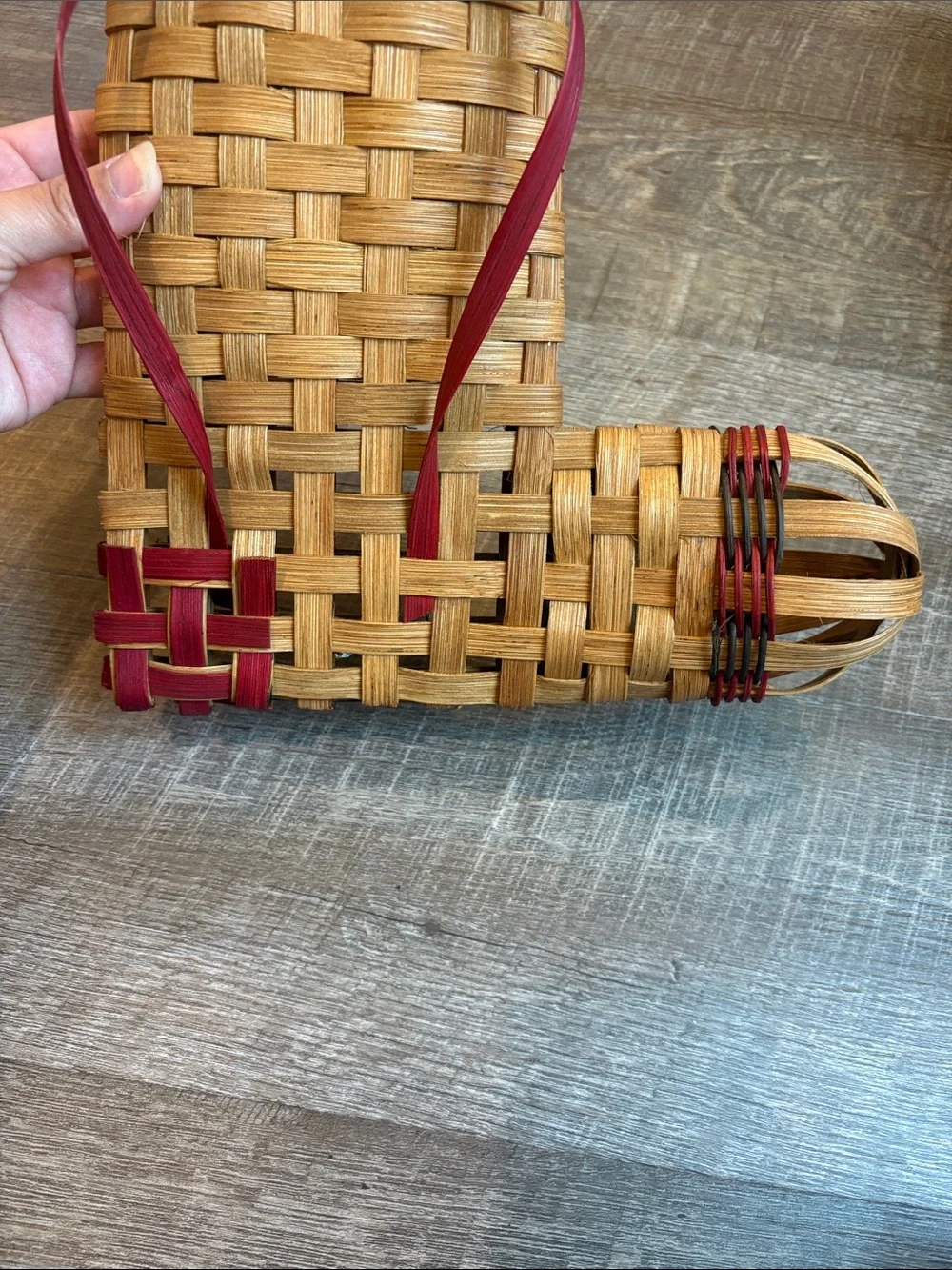 Christmas Stocking Handmade Woven Wicker Basket Holiday Decor Tan/Red